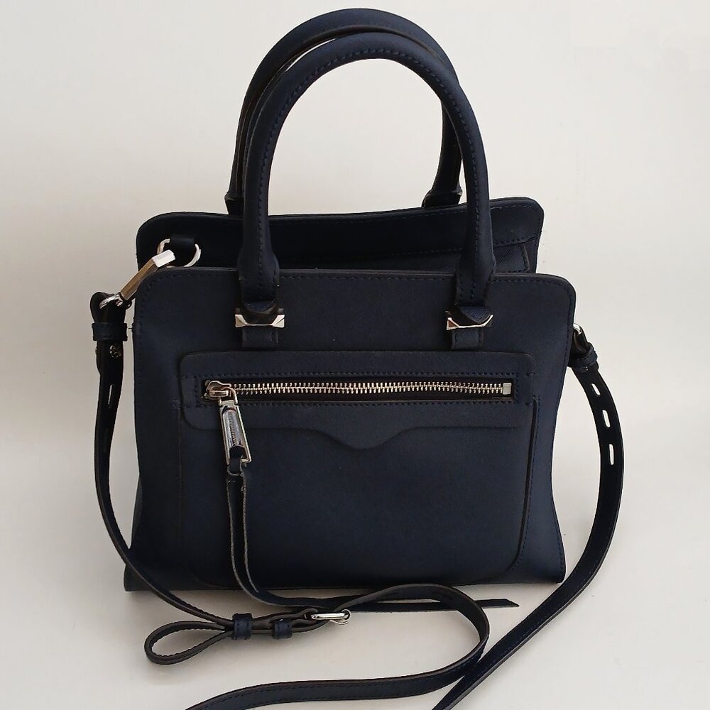 Rebecca Minkoff Saffiano Leather Satchel Top Handles Crossbody Bag Navy Blue